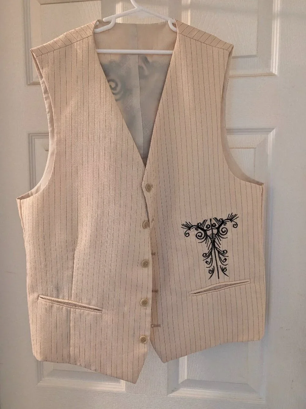 Mestizo Boys Cream Pinstripe Western Scroll Embroidered Vest - Size L